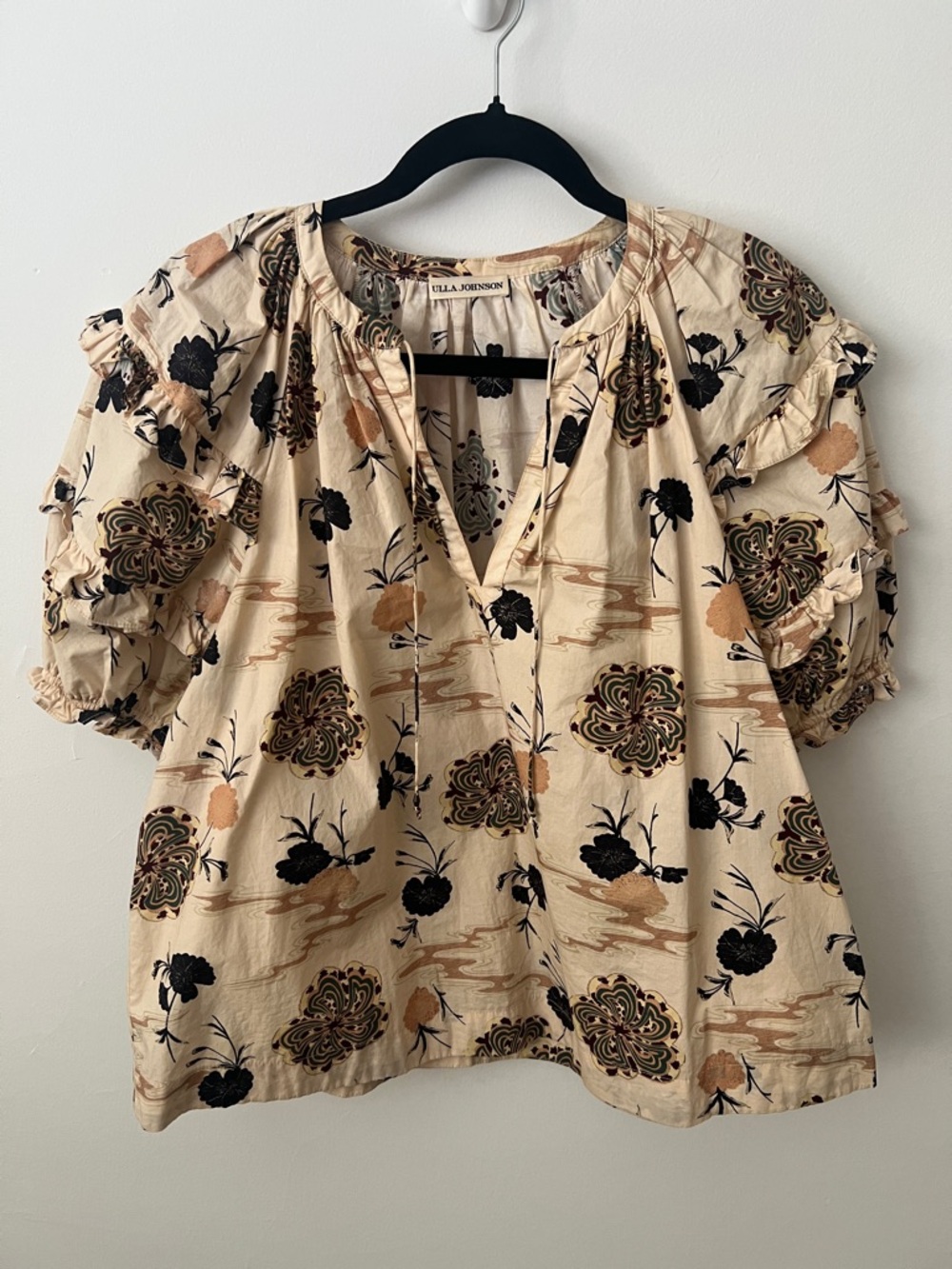 Ulla Johnson Cream Floral Puff-Sleeve V-Neck Blouse